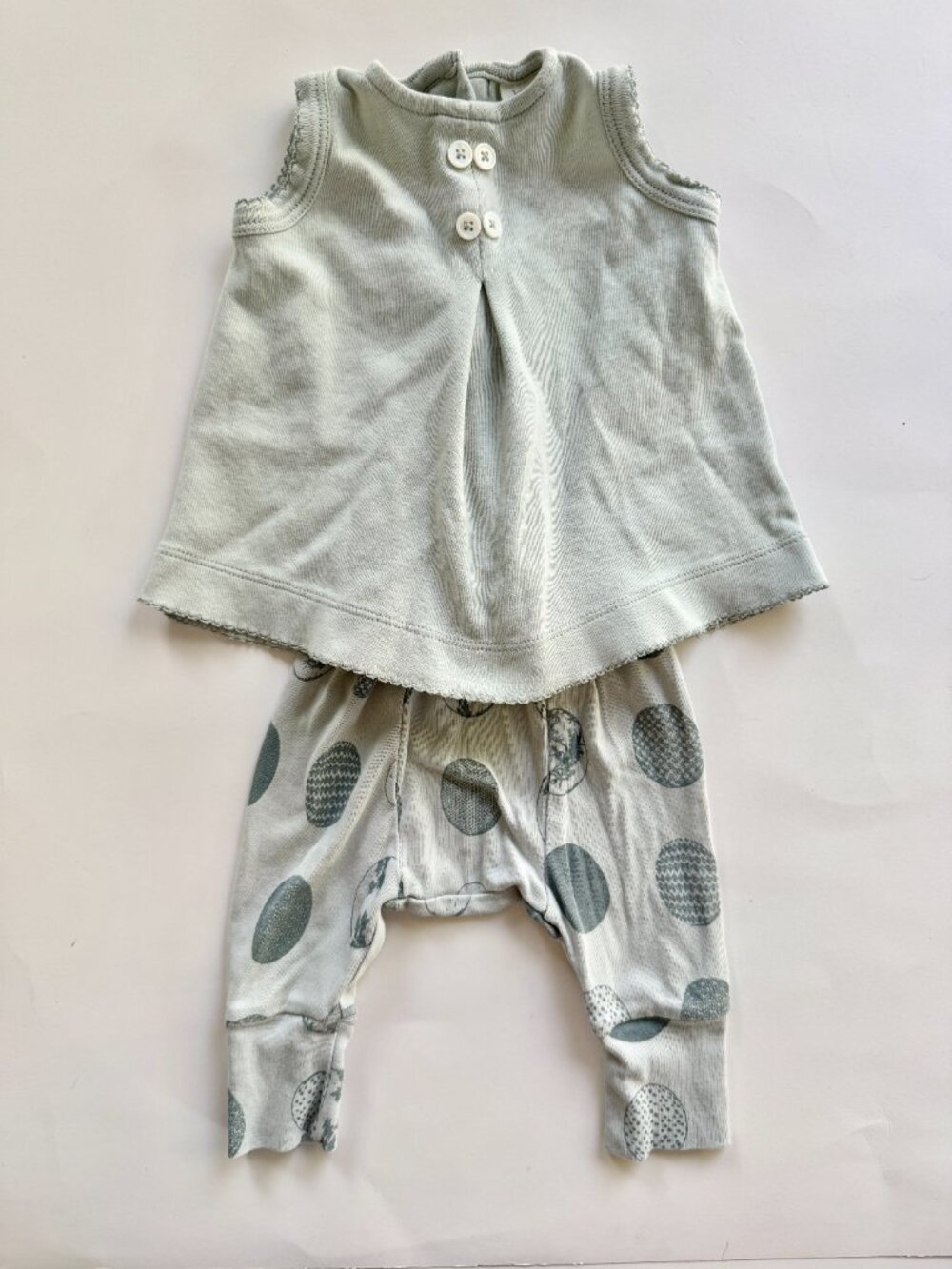 Kate Quinn Baby 2pc Set Sz 0-3M Sage Pleated Tank & Egg Print Pants Organic